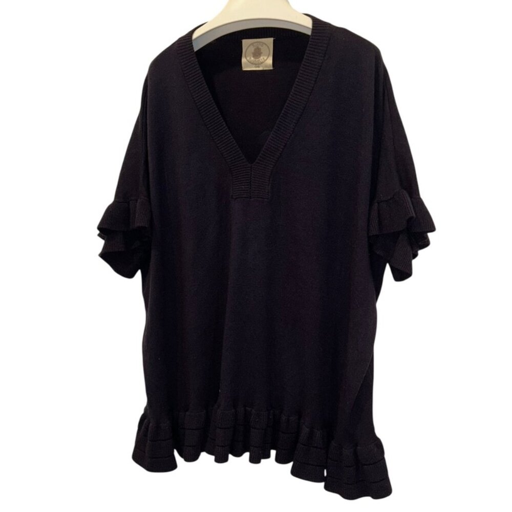 muche muchette navy blue ruffle trim hem short sleeved oversized sweater O/S
